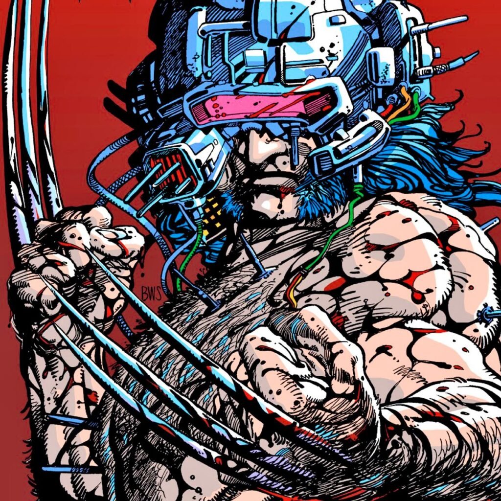 Classic Marvel Comics depiction of Wolverine escaping the Weapon X tank with helmet and wires